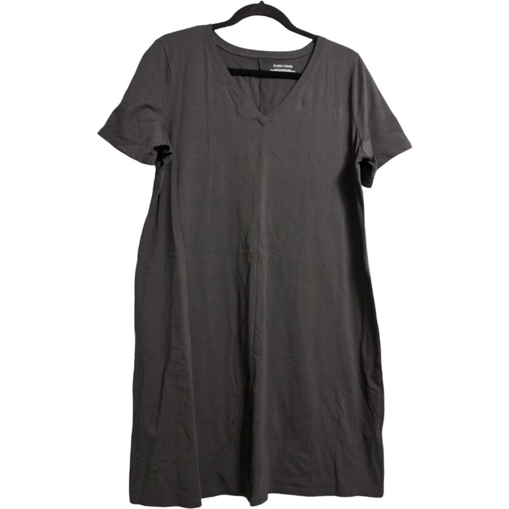 NWT Eileen Fisher Graphite Gray Short Sleeve V Neck Shift Dress Size L